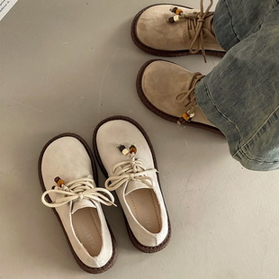 厚底勃肯鞋女2026新款春季女鞋子时尚串珠系带休闲单鞋复古乐福鞋