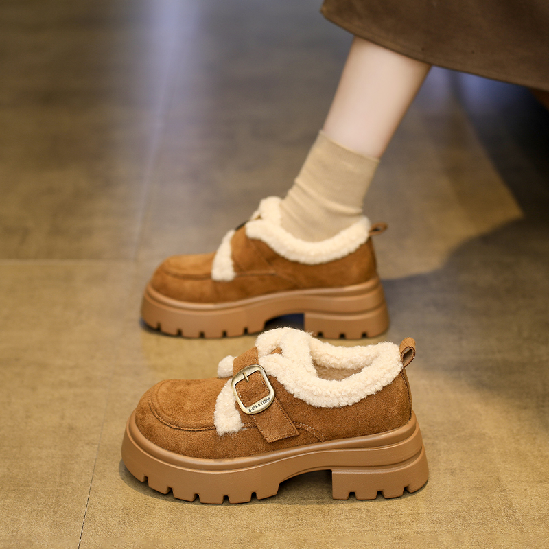 黑色厚底增高乐福鞋女冬季加绒雪地靴2025新款保暖毛毛棉鞋小皮鞋