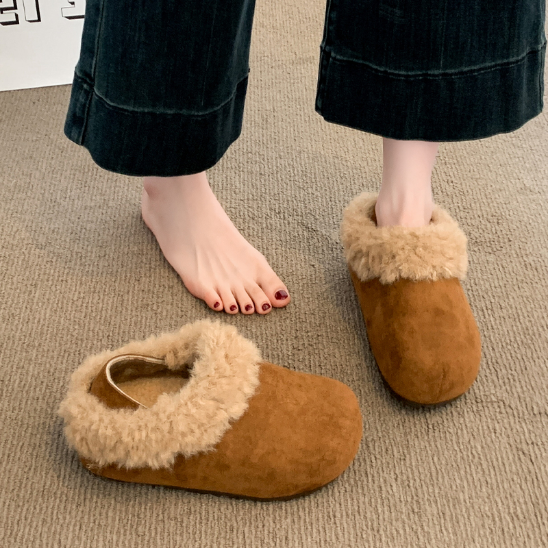 厚底内增高加绒保暖勃肯鞋女2025冬季新款毛毛乐福鞋棉鞋子雪地靴