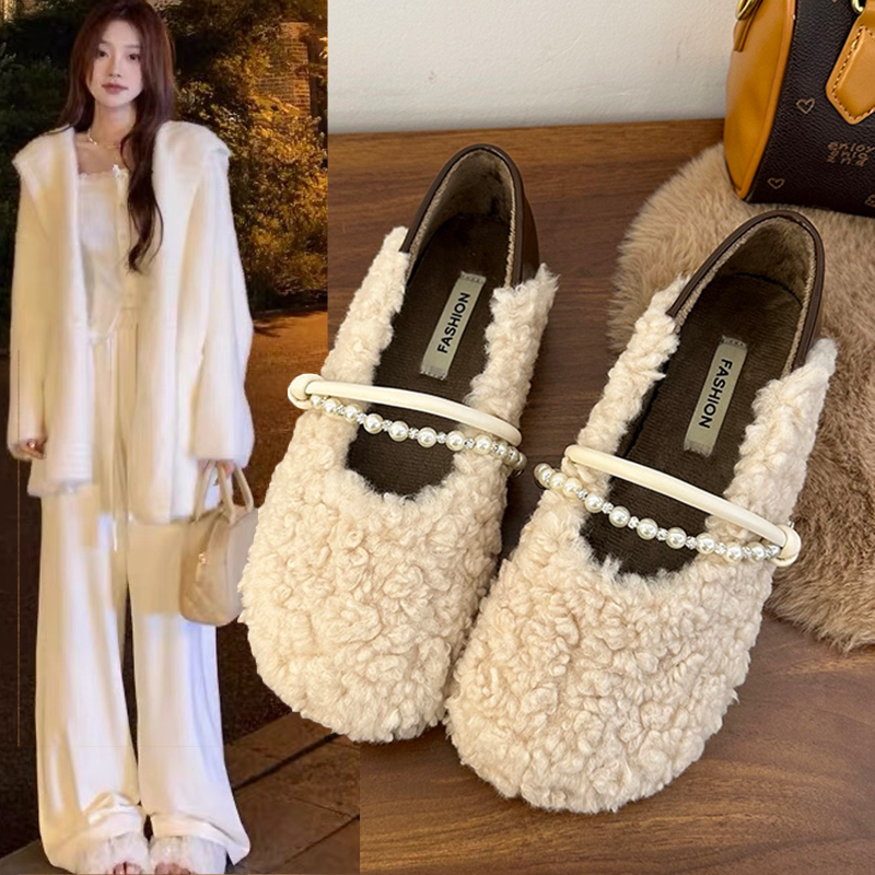 超火法式平底一脚蹬玛丽珍羊羔毛毛鞋子女秋冬外穿2025新款豆豆鞋
