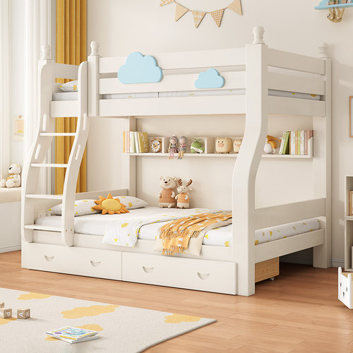 全实木可储物高低子母床