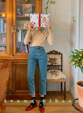 【冬季款特卖】ivana加厚雾蓝雪花Mom's jeans 加绒牛仔裤