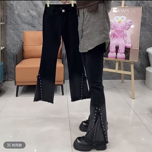 大码女装春季梨型身材微胖钉珠微喇牛仔女高腰显瘦开叉喇叭99160