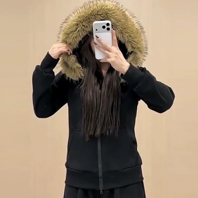 美式高街毛领连帽卫衣女秋冬加绒加厚oversize韩系慵懒外套25391