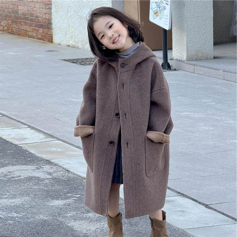 儿童连帽双面羊毛大衣男童女童休闲毛呢亲子款宽松外套