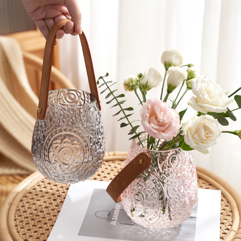网红轻奢浮雕手提创意玻璃花瓶透明水养鲜花客厅餐桌插花装饰摆件
