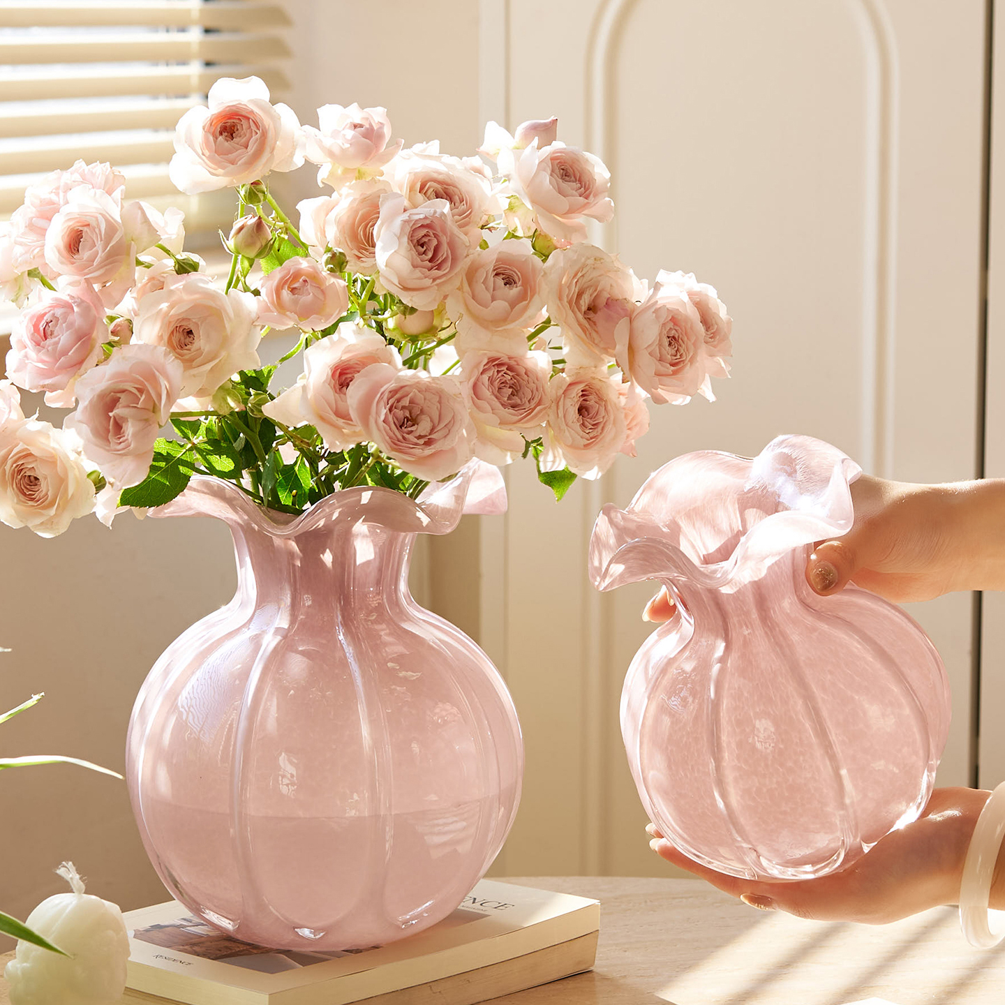 北欧高级感粉色玻璃南瓜花瓶