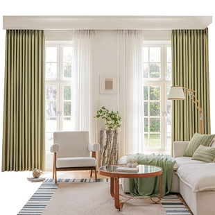 窗帘全遮光2026新款卧室客厅棉麻遮阳飘窗布轻奢现代简约抹茶绿色