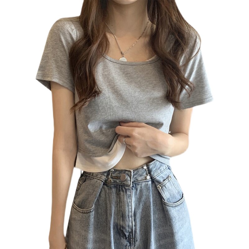 FAKE TWO-PIECE SHORT-SLEEVED T-SHIRT WOMENS SUMMER 2023 NEW DESIGN SENSE NICHE SWEET COOL HIGH-WAISTED CROPPED TOP INS TREND