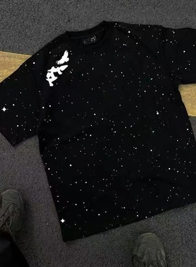 清仓捡漏~外贸尾货余货100%纯棉高街风满天星短袖T恤男宽松圆领