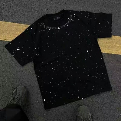 清仓捡漏~外贸尾货余货100%纯棉美式满天星短袖T恤男夏季新款宽松