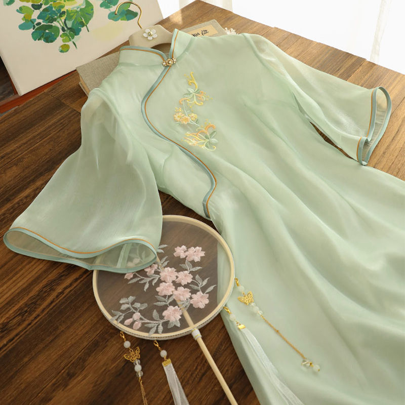 大码女装中式连衣裙女夏装胖mm国风改良旗袍复古唐装汉服仙女裙子