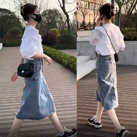 夏装女套装裙子小个子穿搭盐系炸街减龄衬衫显瘦牛仔半身裙两件套