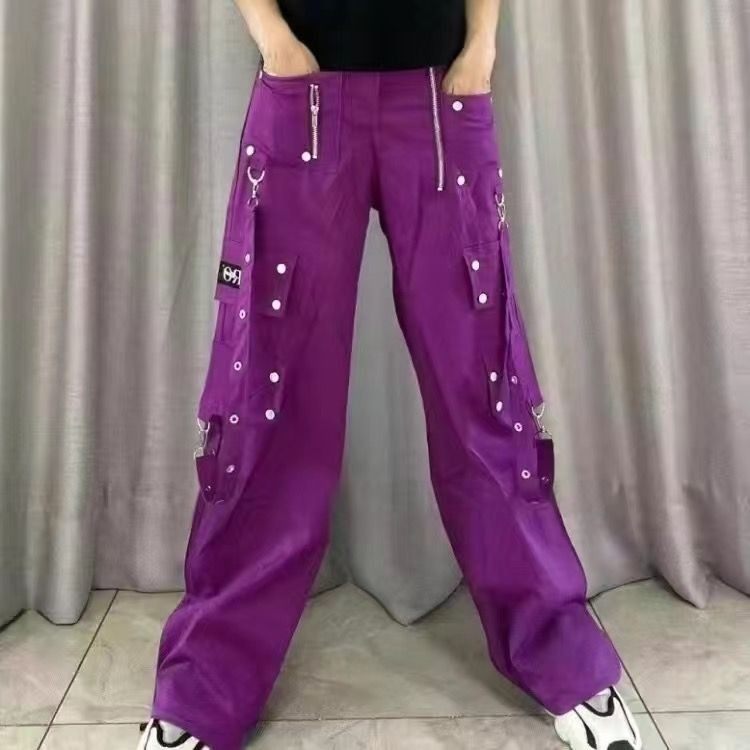 紫色工装裤女2025新款高腰显瘦