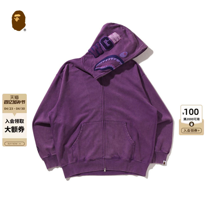 BAPE男装26年春夏做旧感图案全拉链鲨鱼连帽卫衣开衫外套306151Q