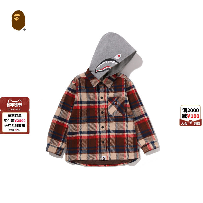 BAPE童装25年秋冬猿人刺绣标格纹可拆卸鲨鱼连帽衬衫外套007403P,童装/婴儿装/亲子装,普通外套,淘宝优惠券,粉丝福利购,淘宝优惠卷