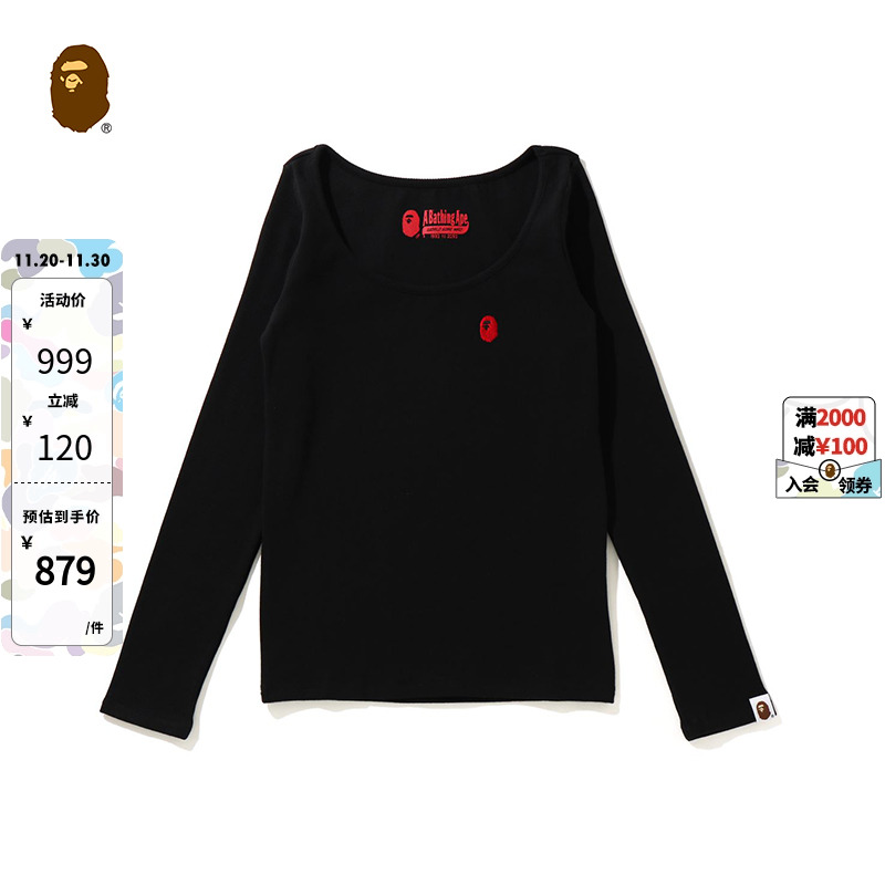 bape女装撞色刺绣纯色长袖上衣