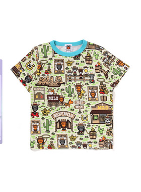 BAPE童装25年春夏卡通小猴BABY MILO西部牛仔印花短袖T恤002093O