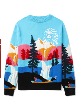 BAPE BLACK男装猿人户外景色图案刺绣提花羊毛针织毛衣T4300ML