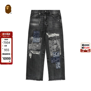 刺子绣拼接布牛仔破洞牛仔裤 24年秋冬日式 150302N BLACK男装 BAPE