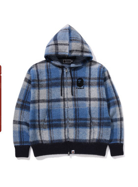 BAPE男装24年秋冬猿人字母刺绣格纹毛衣连帽外套120001N