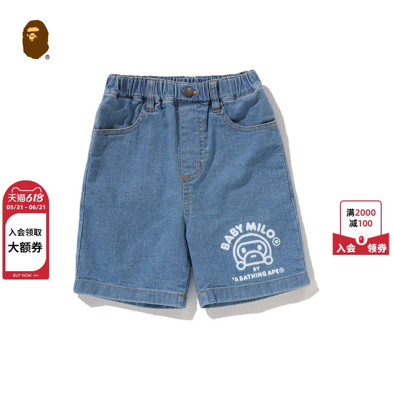 BAPE童装26年春夏BABY MILO卡通小猴印花松紧腰牛仔短裤002513Q