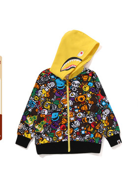 BAPE童装25年秋冬卡通小猴BABY MILO鲨鱼连帽卫衣开衫外套00115XP