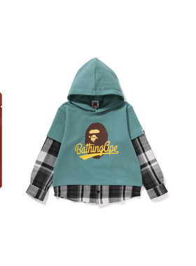 BAPE童装秋冬猿人字母印花格纹拼接袖假两件连帽卫衣314001L