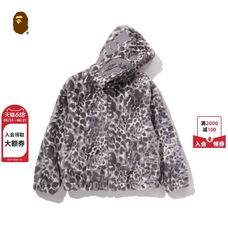 BAPE男装25年秋冬豹纹图案毛绒鲨鱼连帽夹克外套304411P