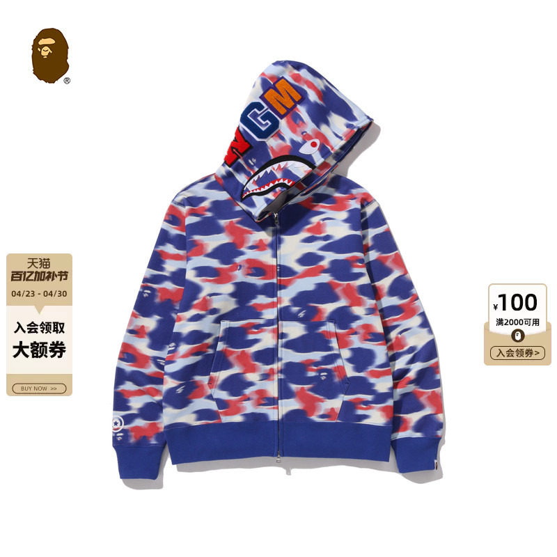 BAPE男装26年春夏足球运动风迷彩图案鲨鱼连帽卫衣开衫304151Q