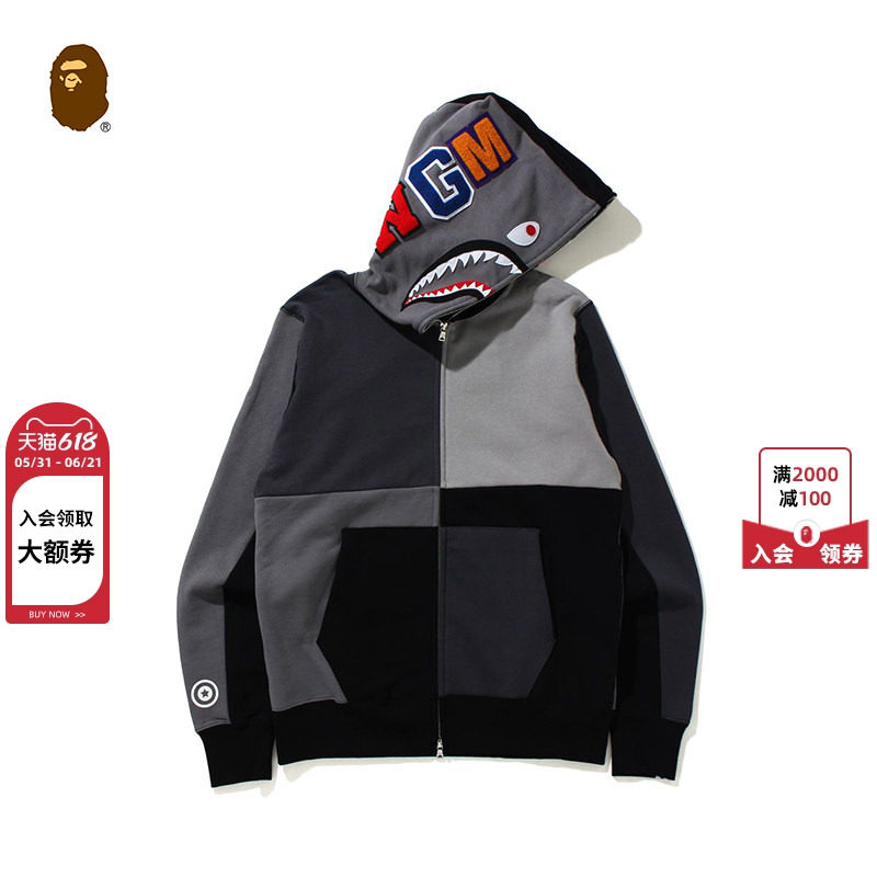 BAPE男装秋冬鲨鱼WGM字母贴布色块拼接连帽拉链卫衣外套115005H