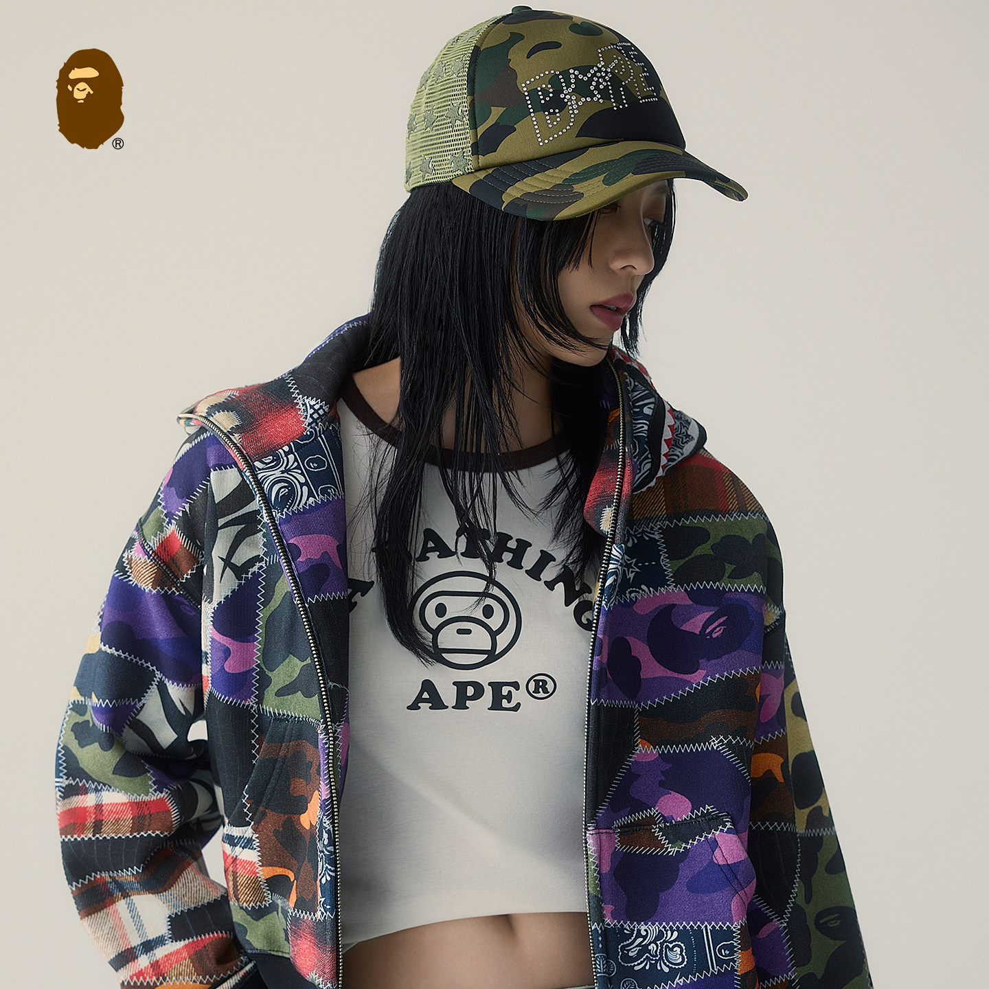 BAPE拼布迷彩全拉链鲨鱼卫衣外套