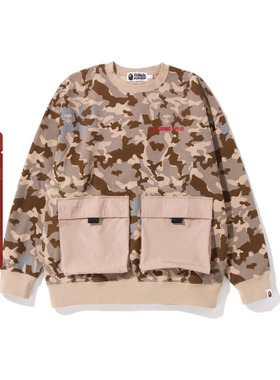 BAPE女装春夏字母印花满幅沙漠迷彩图案贴袋口袋圆领卫衣213005I