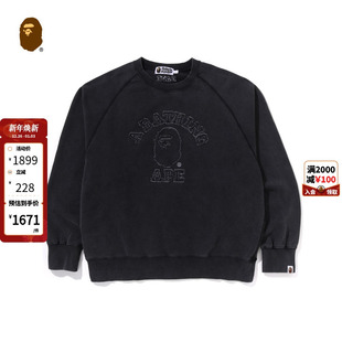BAPE男装 24年秋冬做旧感水洗猿人字母磨损刺绣圆领卫衣113001N
