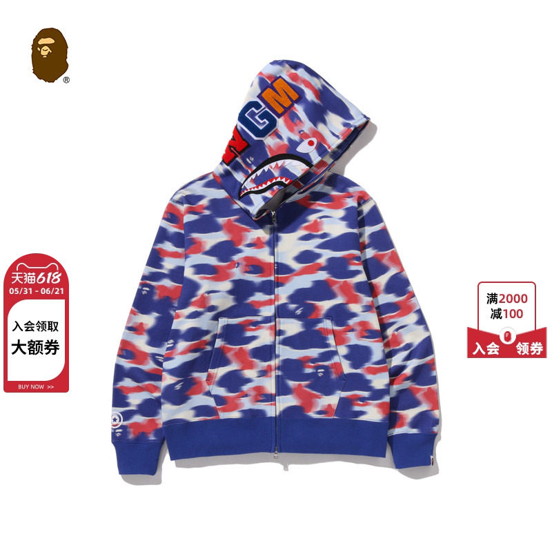 BAPE男装26年春夏足球运动风迷彩图案鲨鱼连帽卫衣开衫304151Q