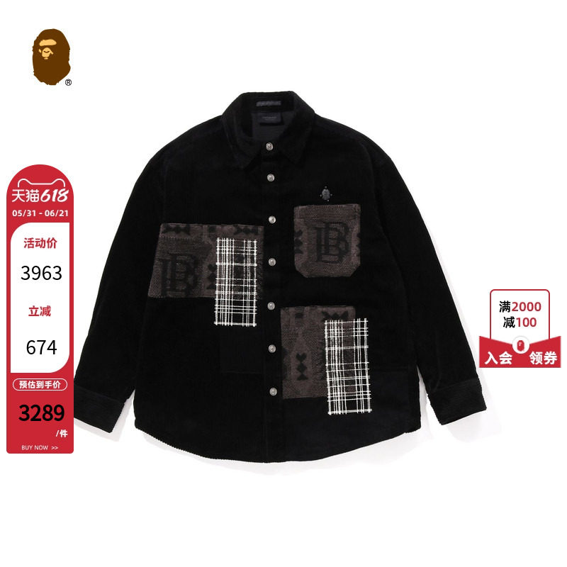 BAPE BLACK男装25年秋冬羊毛针织图案拼接灯芯绒衬衫305311P