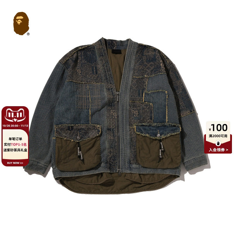 BAPEBLACK刺子绣牛仔和服夹克