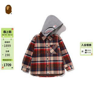 BAPE童装25年秋冬猿人刺绣标格纹可拆卸鲨鱼连帽衬衫外套007403P
