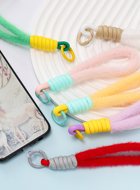 新款秋冬绒毛马卡龙色手机壳手腕圆形提扣 短绳钥匙扣挂绳防丢绳