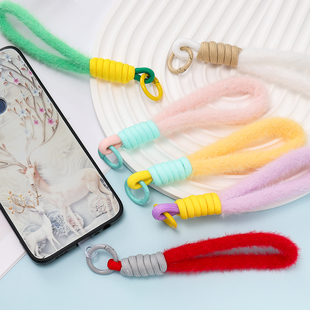 新款秋冬绒毛马卡龙色手机壳手腕圆形提扣 短绳钥匙扣挂绳防丢绳