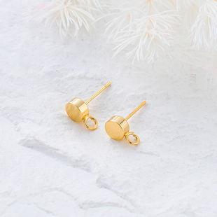 保色真金平底加厚圆形带吊孔耳针手工diy耳钉耳环耳坠首饰配件