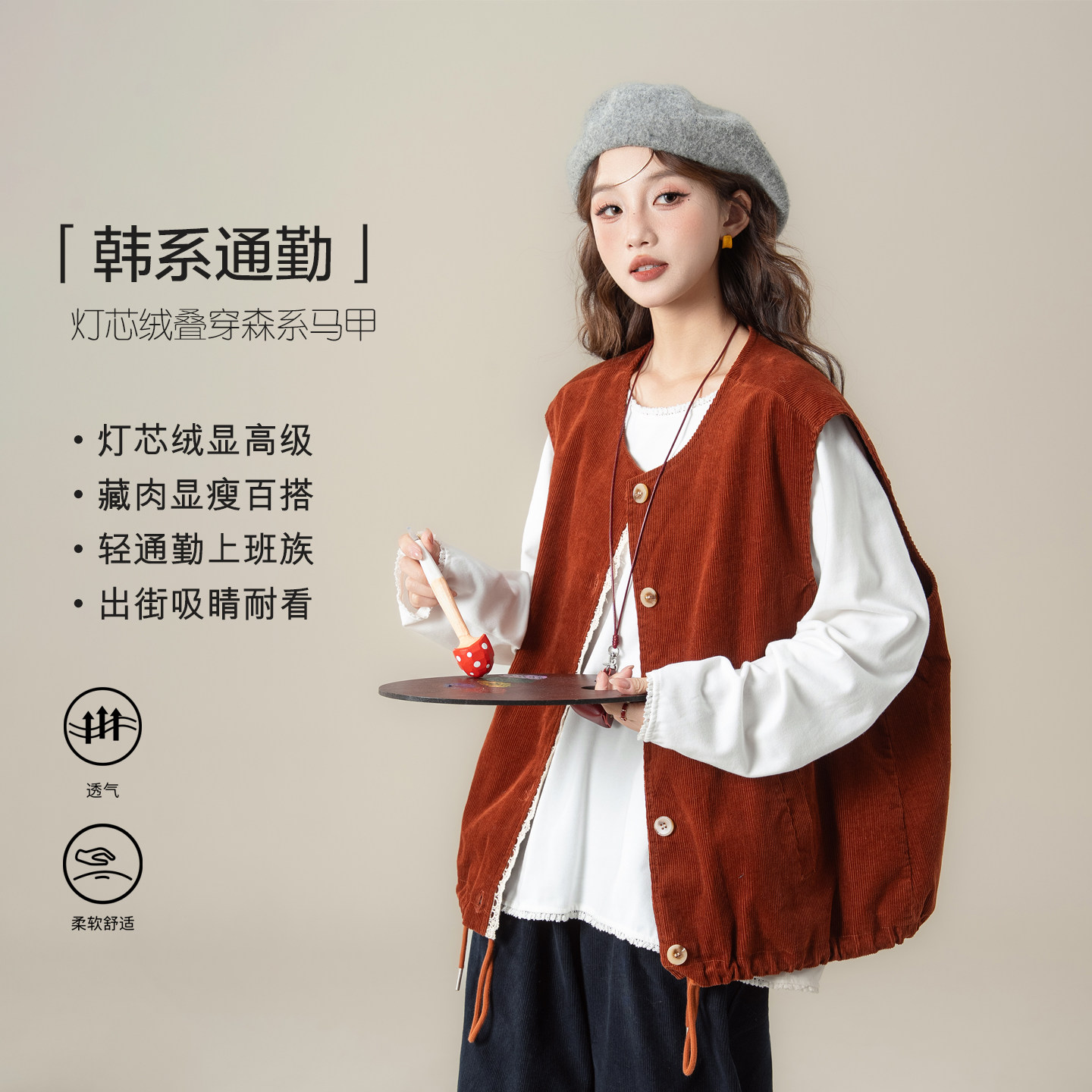 复古红色花边拼接灯芯绒马甲背心女冬季新款宽松显瘦休闲无袖上衣