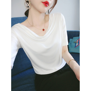 T恤女夏季 白色短袖 2024新款 气质修身 显瘦chic韩系低领设计感上衣