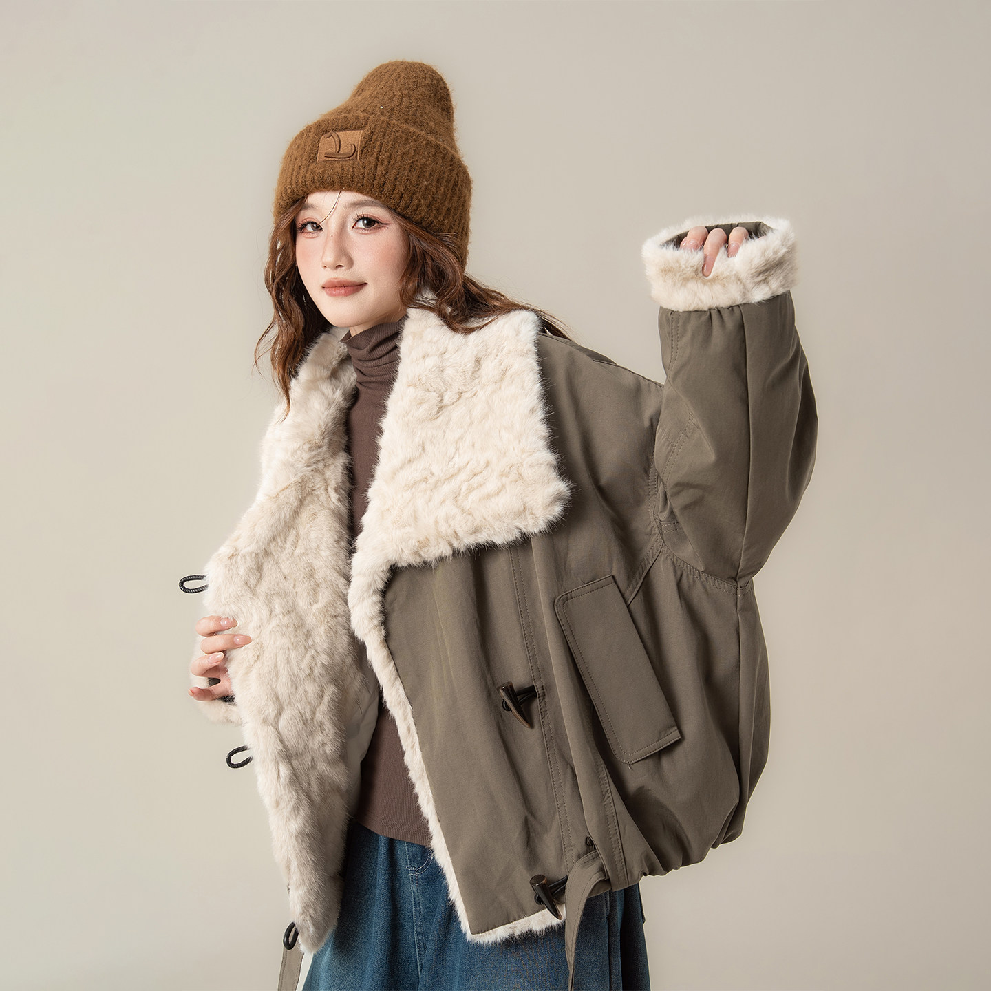 军绿色毛毛大翻领派克棉服女冬季新款宽松显瘦工装保暖外套上衣潮