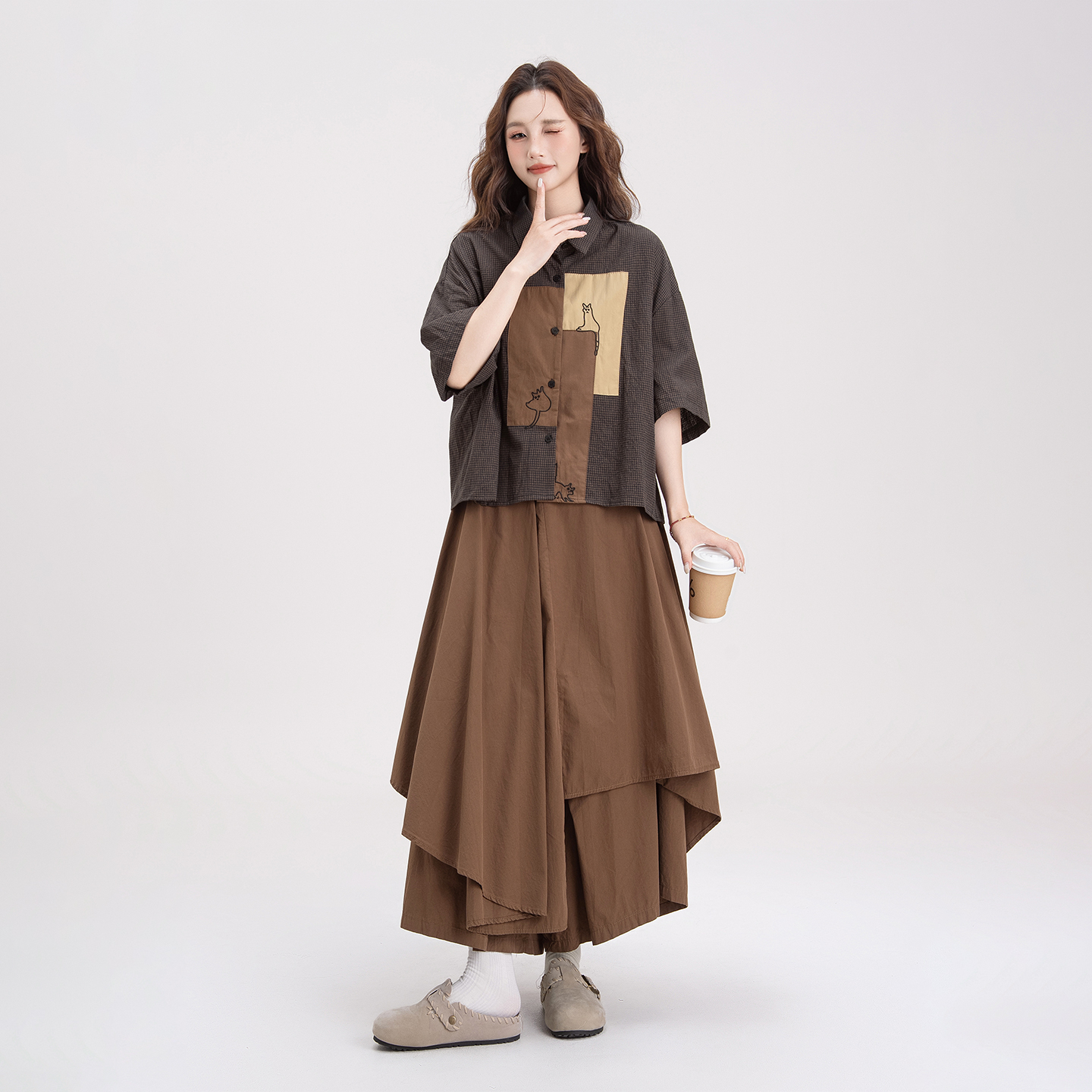 复古撞色拼接短袖衬衫女夏季新款