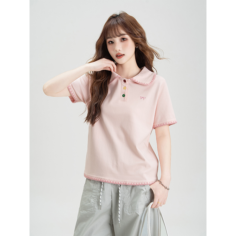 粉色polo领短袖T恤女夏季新款