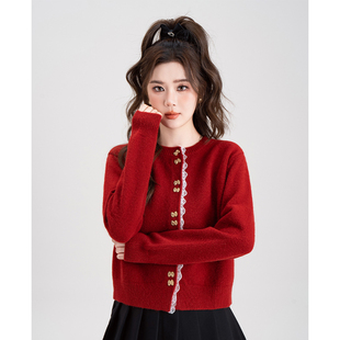 超好看独特漂亮红色毛衣女款2026新款冬季洋气蕾丝边针织开衫上衣