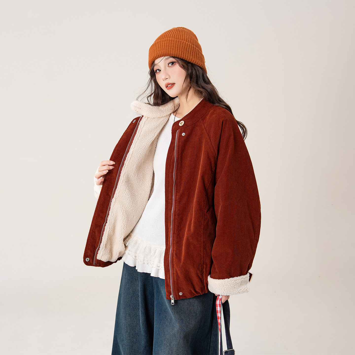 复古橘红色灯芯绒圆领外套女冬季新款慵懒风加绒加厚休闲保暖上衣
