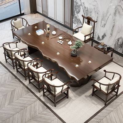 新中式自然边大板桌现代简约家用多人泡茶原木禅意办公室茶桌椅