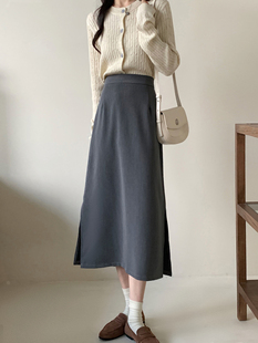 烟灰色两侧开叉半身裙女a字中长款直筒裙一步休闲垂感包臀裙大码